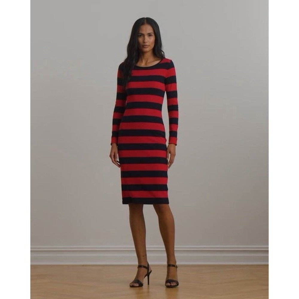 New Lauren‎ Ralph Lauren Women's Striped Cotton-Blend Ribbed Dress Small Preppy